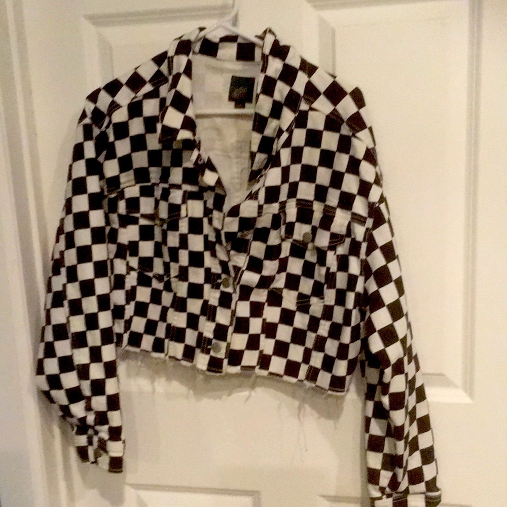 Wild fable black and white checkered jean jacket size XXL